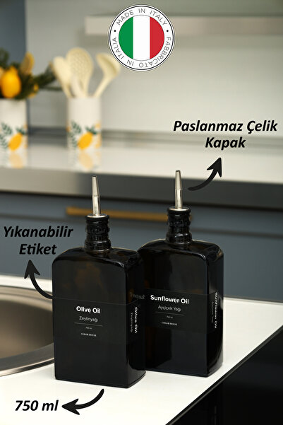ozbience 2'li 750 ml Cam Yağdanlık ve Sosluk Seti, Damlatmaz Kapak, Siyah Kapağı