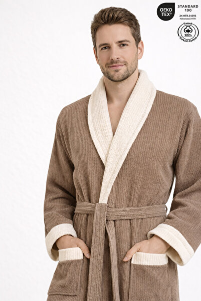 Ellaline Men's Contrast Bathrobe 100% Cotton Certified Şalyaka 1 Piece, Strip...