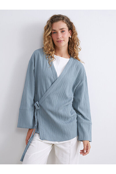 LC Waikiki New Season Blue Double-Breasted Collar Textured Oversize Women's K...