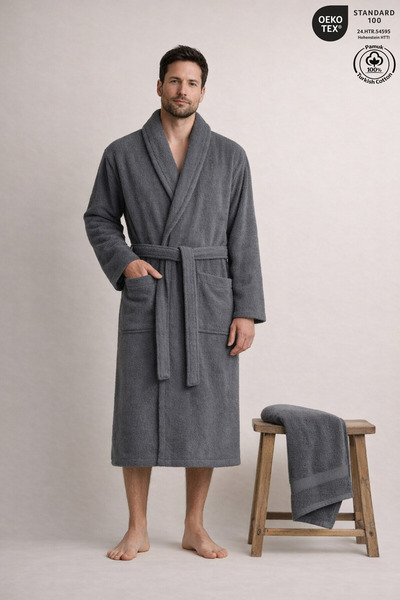 Ellaline Men's Bathrobe 100% Cotton Certified 2-Piece Shawl Collar Anthracite...