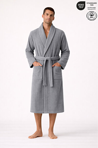 Ellaline Men's Striped Bathrobe 100% Cotton Certified Şalyaka 1 Piece, Dressi...