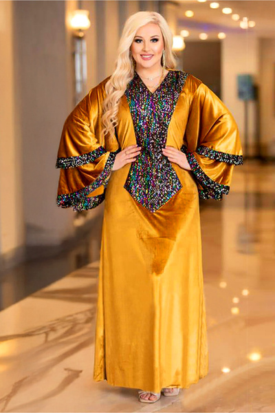 AsrymShop عباية شتوي قطيفة خفيفة كم واسع ملمع اصفر ذهبي