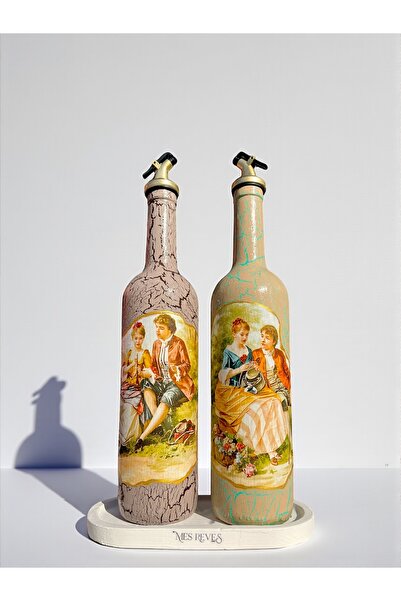 ozbience 750 ml El Yapımı Vintage Desenli Sunum Seti, Zeytinyağı ve Sıvıyağ Ş...