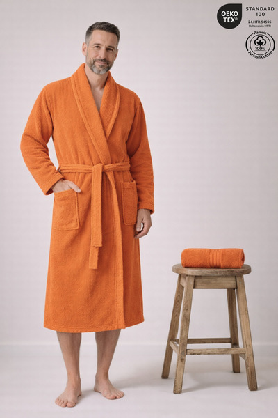 Ellaline روب حمام رجالي 100% قطن معتمد، طقم من قطعتين: روب حمام برتقالي مخطط ...