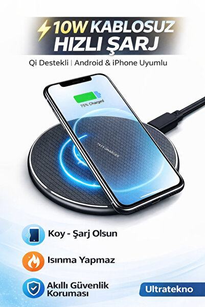 ULTRATEKNO 10W Kablosuz Hızlı Şarj Cihazı – Qi Destekli Wireless Charger – iP...