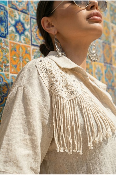 FASHION COCKTAIL Apoleti Stoned Shoulder Lace Tassel Buttoned Long Sleeve Boh...