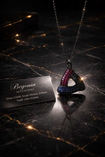 Öte Beri Hayallerin Ötesi Imported Steel Black Enamel Necklace Chain Set with...