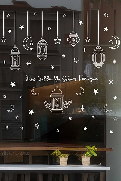 ozbience Şık Beyaz Ramazan Fenerleri, Cam Sticker ve Ramazan Süsleri Seti