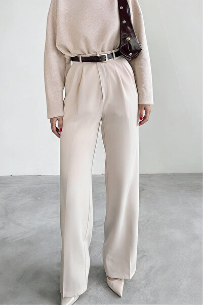 Hersteller بنطلون نسائي بيج فضفاض بقصة بالازو، بنطلون من القماش المطوي عالي ا...