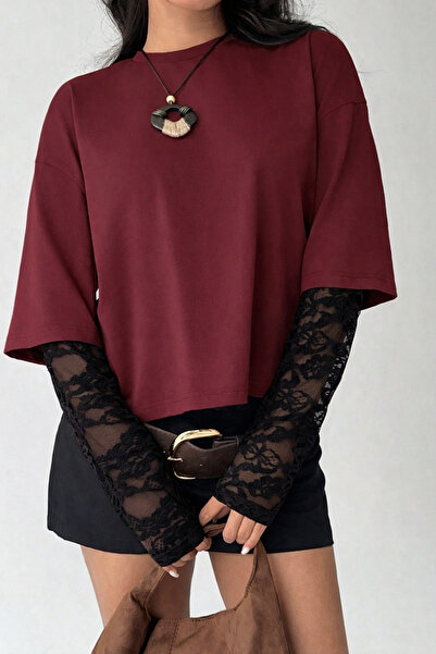 poswicon Burgundy Oversized T-Shirt with Black Lace Sleeves and Round Neck Top