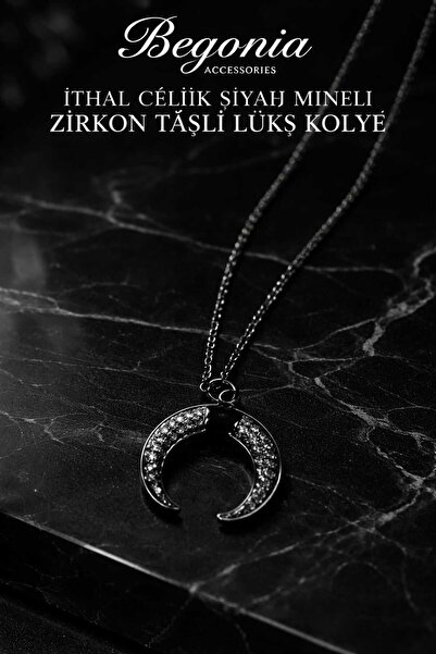 Öte Beri Hayallerin Ötesi Imported Steel Black Enamel Necklace Chain Set with...
