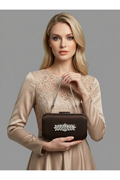 Biçanta Καφέ Ζ.Α.Ρ.Α. Σατέν Ασημένια Λεπτομέρεια Κρυστάλλινη Πέτρα Κεντημένη ...