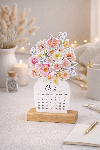 WALLHUMAN Çiçekli Masa Takvimi – Ahşap Standlı, Vazo Formlu, Dekoratif