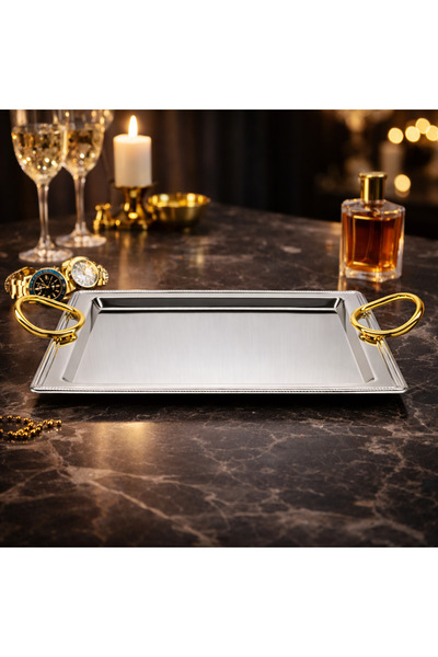 Bin shihoon Luxury stainless steel serving tray with two gold handles – a reg...