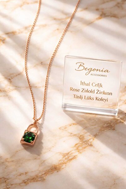 Öte Beri Imported Steel Rose Gold Necklace Chain Set with Figured Zircon Ston...