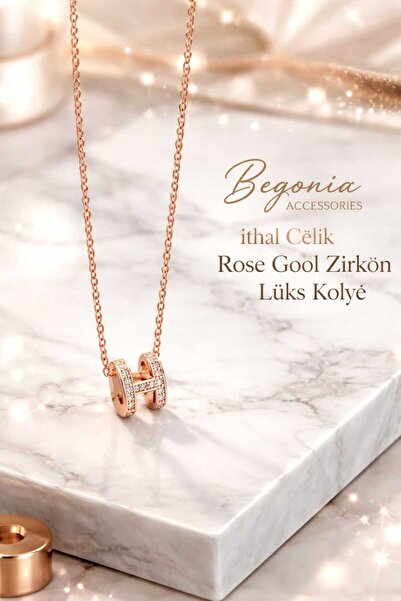 Öte Beri Imported Steel Rose Gold Necklace Chain Set with Figured Zircon Ston...