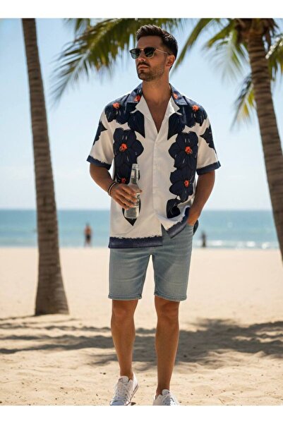 YusGos Hawaiian Relaxed Fit Patterned Short Sleeve Apaş Collar Summer Lycra S...