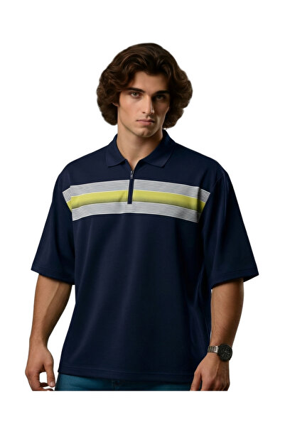 marufshop Zippered Men's Large Size Lycra Pique Polo Collar Printed T-Shirt, ...