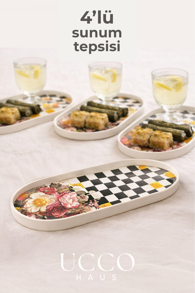 UCCO 4 Pieces of Patterned 30X13Cm Oval Coffee, Dessert, Soft Drink Presentat...