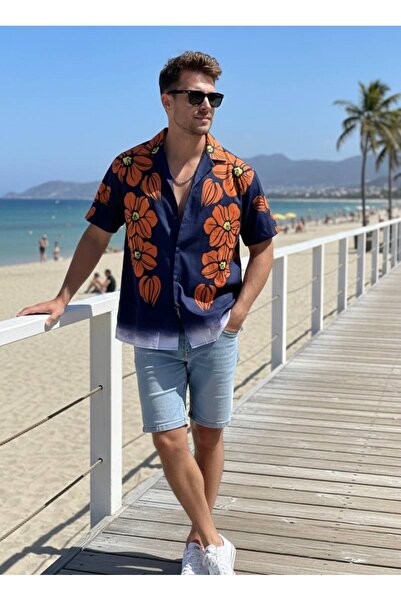 YusGos Hawaiian Relaxed Fit Patterned Short Sleeve Apaş Collar Summer Lycra S...