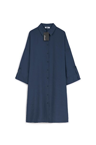 praye Long Tunic with Buttoned Sleeves Navy Blue