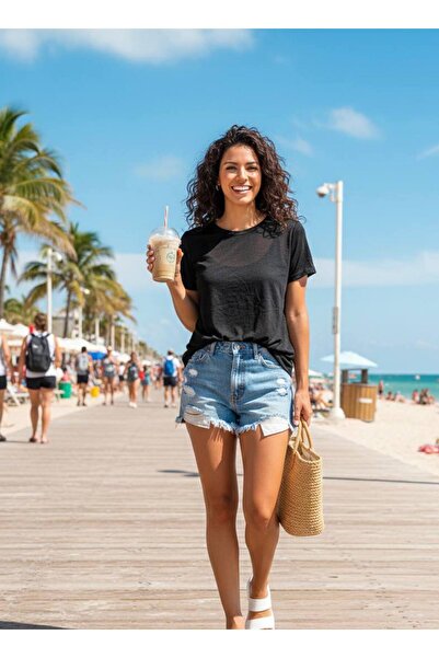 YusGos Μπλουζάκι με λαιμόκοψη ποδηλάτου, διαφανές ανοιξιάτικο μπλουζάκι