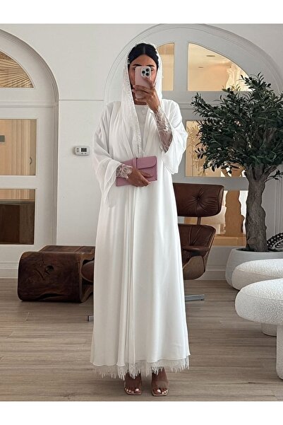 Noon Noora Chiffon and Lace Patchwork Front Opening Abaya with Headscarf
