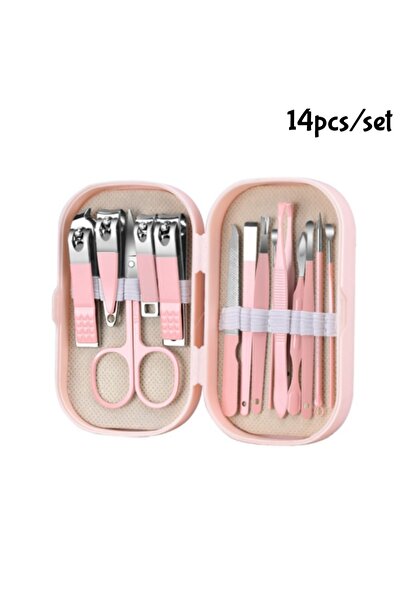 choice2 مجموعة أدوات مانيكير وباديكير من الفولاذ، 14 قطعة، لون وردي، تتضمن مق...