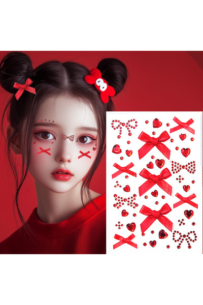 Choice ملصقات حمراء قطعة واحدة على شكل قلب وفيونكة وشم للوجه مرصعة بالجواهر، ...