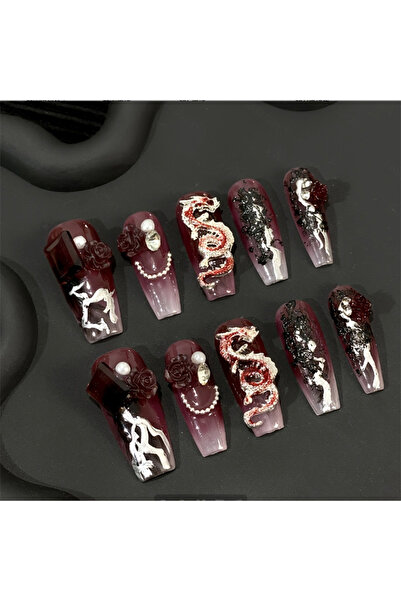 Choice S 10pcs handmade Y2K pressed nails, red fake nails adorned with handma...