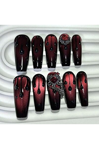 Choice سلم طويل - 10 قطع، لون أحمر دموي داكن، أظافر طويلة الأطراف مصنوعة يدوي...
