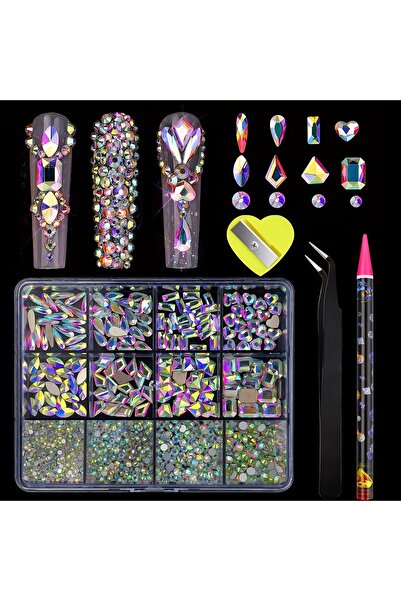 Choice AB diamond 12 Grid AB Pink Rhinestone Nail Art Set Flatback and Assort...