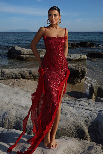 Eyyo Red Paxton Sequined Rose Detailed Long Slit Long Dress Ate-2612