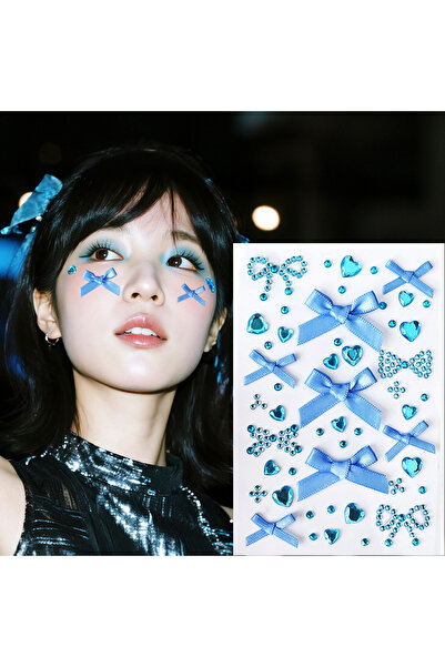 Choice ملصقات زرقاء قطعة واحدة على شكل قلب وفيونكة وشم للوجه مرصعة بالجواهر، ...