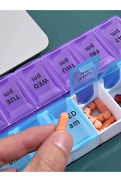 Choice purplish-blue Double-row 14-compartment pill box with Braille. It's a ...