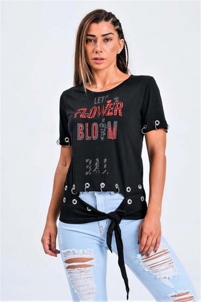 Şeker Portakalım Black Bird Eye Detailed Front Tie-Up Stone T-Shirt