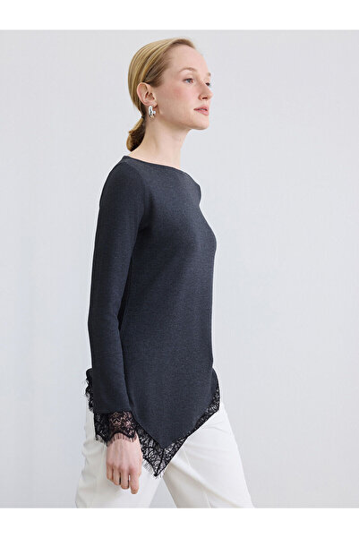 LC Waikiki Meral Collection Anthracite Boat Neck Asymmetrical Lace Blouse