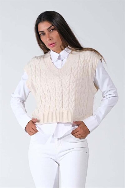 MODANI SEÇ White V-Neck Crop Hair Knitted Knitwear Sweater