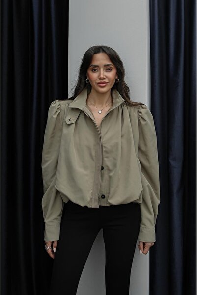 Havoş Khaki Shoulder Detailed High Collar Trench Coat