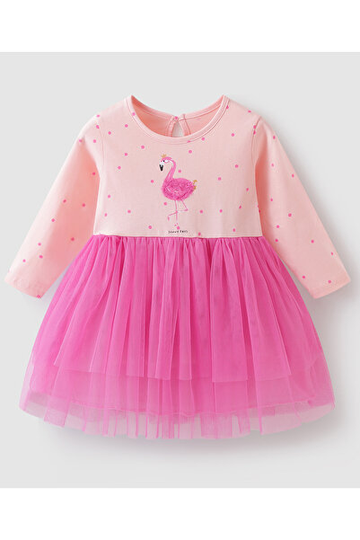 SAPS فستان بأكمام طويلة مطرز بطائر الفلامنجو - وردي