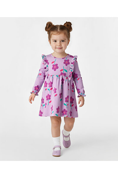 Bonfino 100% Cotton Knit Full Sleeves Dress with Floral Print and Frill Detai...