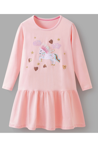SAPS فستان بأكمام طويلة مزين بتطريز يونيكورن وقلوب ونجوم مرصعة بالترتر - لون ...