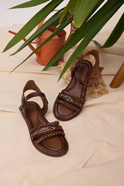 Tonny Black Sandale plate împletite, confortabile, de culoare maro, pentru fete