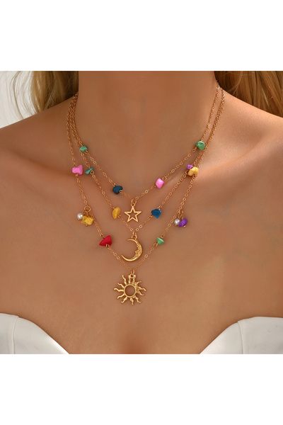 Choice YB4456-1 Bohemian Multi-Layer Gold Color Celestial Pendant Necklace wi...