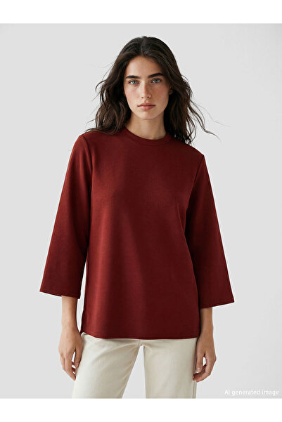LC Waikiki Nevavm Farkıyla Lcw Modest Burgundy Oval Neck Oversize Women's Swe...