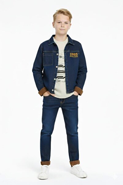 BABALİ طقم للأولاد مكون من 3 قطع: جاكيت جينز وتي شيرت مطبوع وبنطلون جينز-7201m