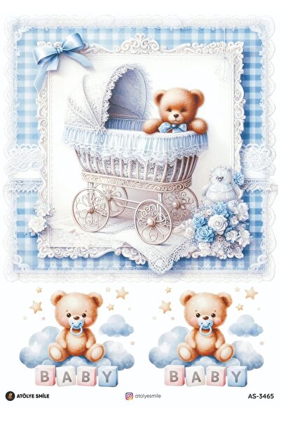 Atölye Smile 3465 أزرق، إطار، نمط دب، 29*42 سم، ديكوباج نحاسي