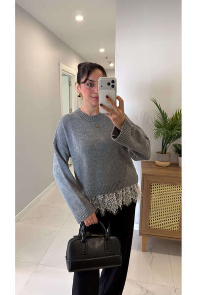 BİRCANÇİL Fodwe Gray Skirt with Lace Detail Knitwear