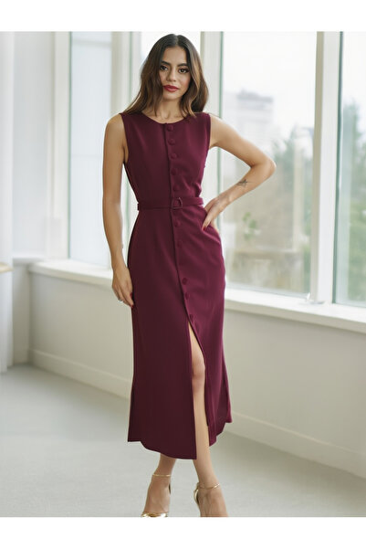 My Blog Burgundy Belted Multi-Button Long Dress - 2002