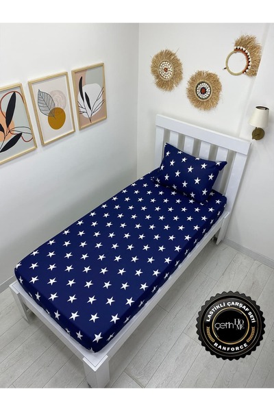 Çetinhome Fabric Elastic Sheet Set Single Size 3 Sizes Star Navy Blue